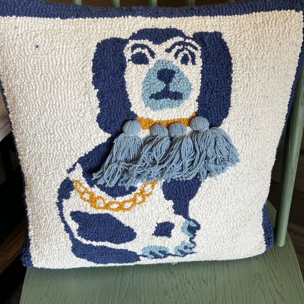 Two's Company Blue and Cream Dog Pillow with Tassels. 1 avaiable
